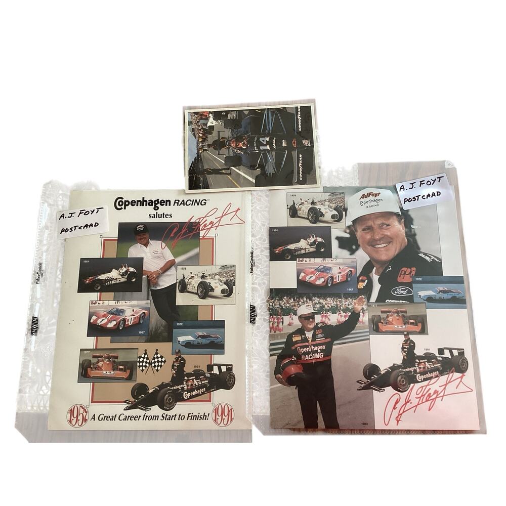 A. J Foyt Racing Signed Collage and Postcard Print Set of 3 Nascar and Indy Star